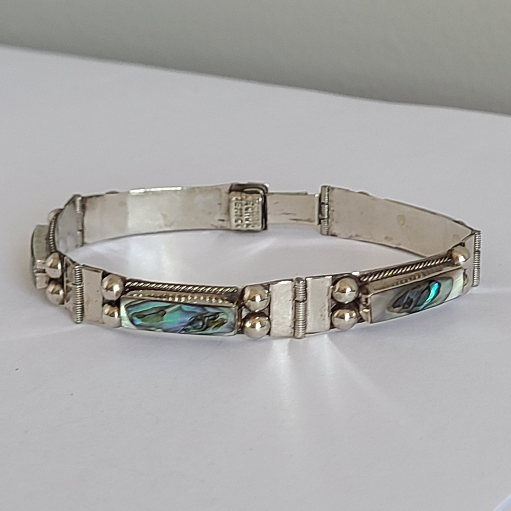 Vintage Boho Western Midcentury Mexican Abalone Sterling Silver Bar Bracelet